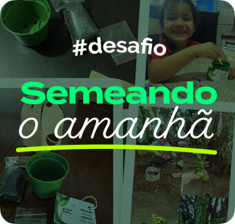 Imagem com uma montagem de fotos do evento. Há textos em destaque escrito: #desafio Semeando o amanhã